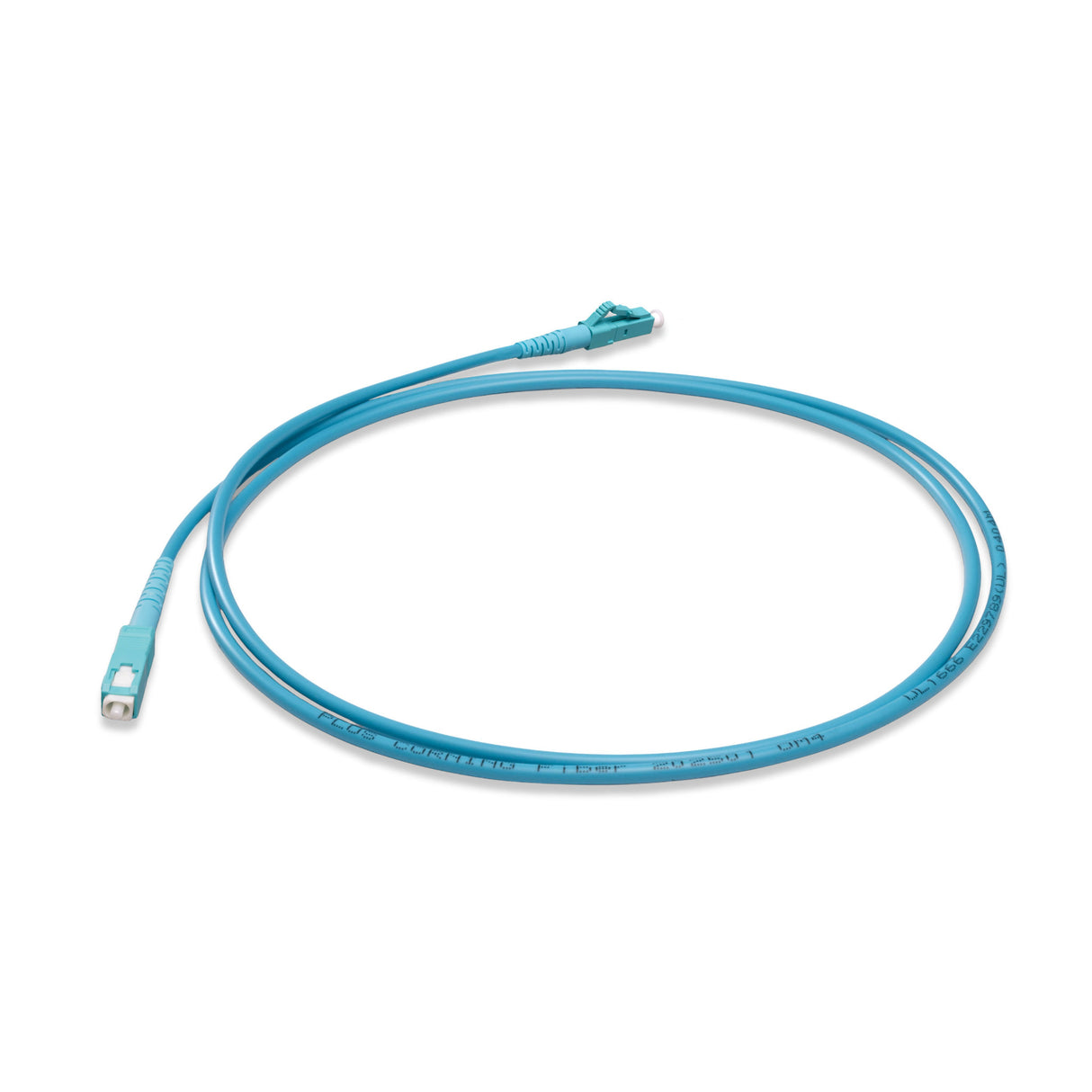 TAA Compliant Fiber Patch Cable | 0.2dB LC/UPC to SC/UPC Multimode OM4 Simplex  | Corning ClearCurve OM4 50 µm Laser-Optimized Fiber |  Aqua OFNR Jacket, Aqua  Connectors