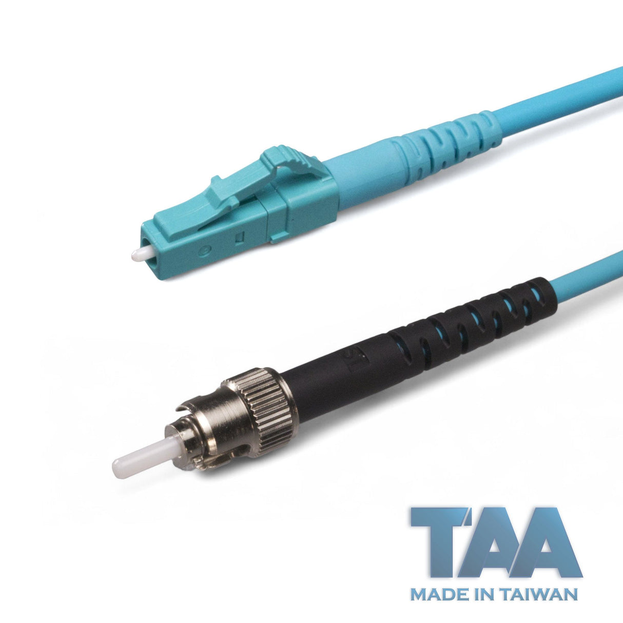 TAA合規 | 電信級 0.2dB  LC/UPC to ST/UPC 多模 OM4 單工光纖跳線 | 康寧纖芯 |  水綠色 OFNR 外被, 水綠色接頭