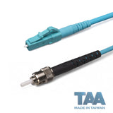 TAA合規 | 電信級 0.2dB  LC/UPC to ST/UPC 多模 OM4 單工光纖跳線 | 康寧纖芯 |  水綠色 OFNR 外被, 水綠色接頭