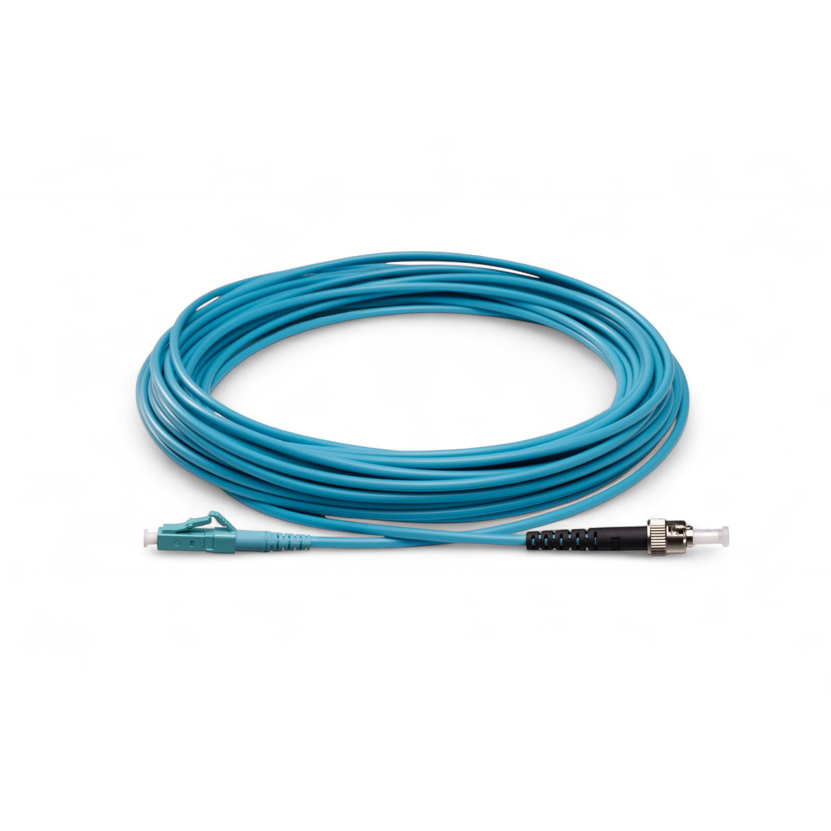 TAA Compliant Fiber Patch Cable | 0.2dB LC/UPC to ST/UPC Multimode OM4 Simplex  | Corning ClearCurve OM4 50 µm Laser-Optimized Fiber |  Aqua OFNR Jacket, Aqua  Connectors