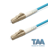 TAA合規 | 電信級 0.2dB  LC/UPC to LC/UPC 多模 OM4 單工光纖跳線 | 康寧纖芯 |  水綠色 OFNR 外被, 米色接頭