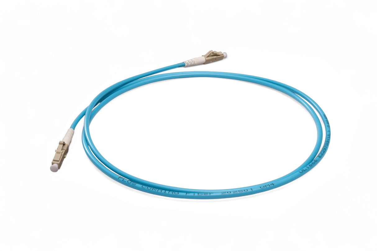 TAA Compliant Fiber Patch Cable | 0.2dB LC/UPC to LC/UPC Multimode OM4 Simplex  | Corning ClearCurve OM4 50 µm Laser-Optimized Fiber |  Aqua OFNR Jacket, Beige  Connectors