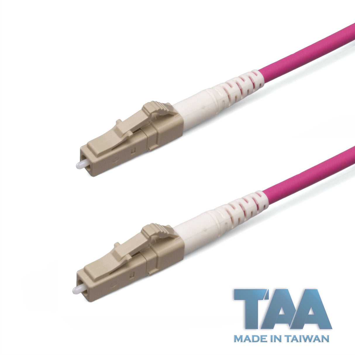 TAA合規 | 電信級 0.2dB  LC/UPC to LC/UPC 多模 OM4 單工光纖跳線 | 康寧纖芯 |  洋紅色 OFNR 外被, 米色接頭