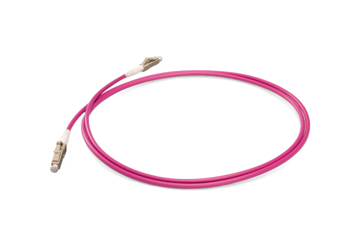 TAA Compliant Fiber Patch Cable | 0.2dB LC/UPC to LC/UPC Multimode OM4 Simplex  | Corning ClearCurve OM4 50 µm Laser-Optimized Fiber |  Magenta OFNR Jacket, Beige  Connectors