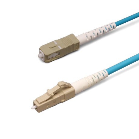 SpeedyFiberTX LC/UPC to SC/UPC Multimode OM4 Simplex Fiber Patch Cable | Corning ClearCurve OM4 50 µm Laser-Optimized Fiber |  Aqua Jacket ,Beige  Connectors