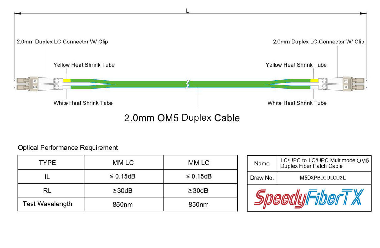 Low Loss 0.15dB LC/UPC to LC/UPC Multimode OM5 Duplex Fiber Patch Cable | OM5 50 µm Laser-Optimized Fiber |  Lime Green OFNR Jacket, Beige  Connectors