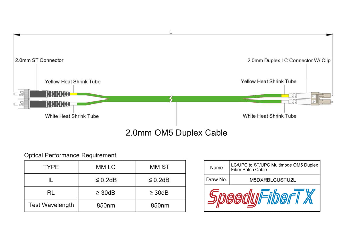 0.2dB LC/UPC to ST/UPC Multimode OM5 Duplex Fiber Patch Cable | OM5 50 µm Laser-Optimized Fiber |  Lime Green OFNR Jacket, Beige  Connectors