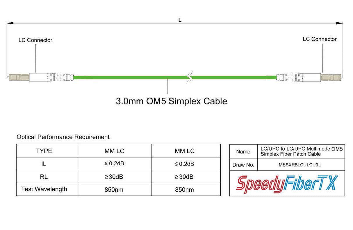 0.2dB LC/UPC to LC/UPC Multimode OM5 Simplex Fiber Patch Cable | OM5 50 µm Laser-Optimized Fiber |  Lime Green OFNR Jacket, Beige  Connectors