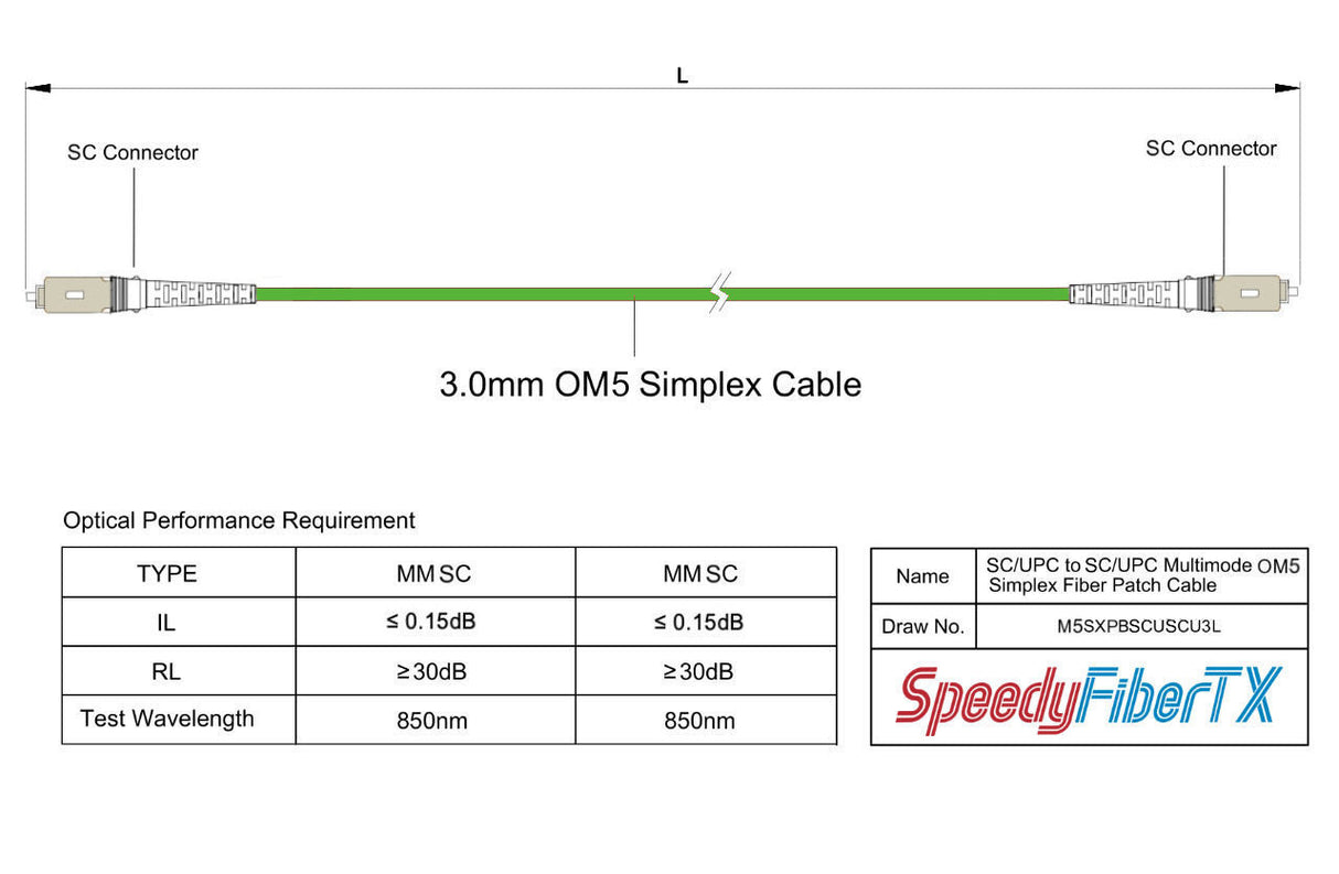 電信級低插損 0.15dB  SC/UPC to SC/UPC 多模 OM5 單工光纖跳線 | 康寧纖芯 |  萊姆綠 OFNR 外被, 米色接頭