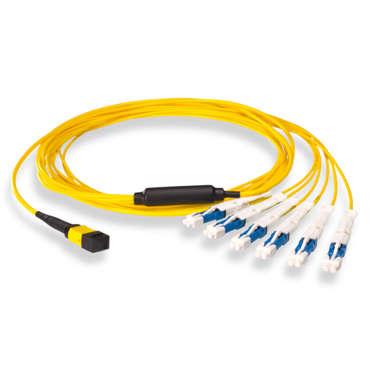 12-Fiber Non-Pinned MPO-12/APC to  6 x CS/UPC Breakout Cable | Corning® SMF-28® Ultra Single-mode Optical Fiber | OS1/OS2 Compatible | Type B, Yellow MPO Connector, Blue CS Connector, Yellow Cable Jacket | LSZH Jacket