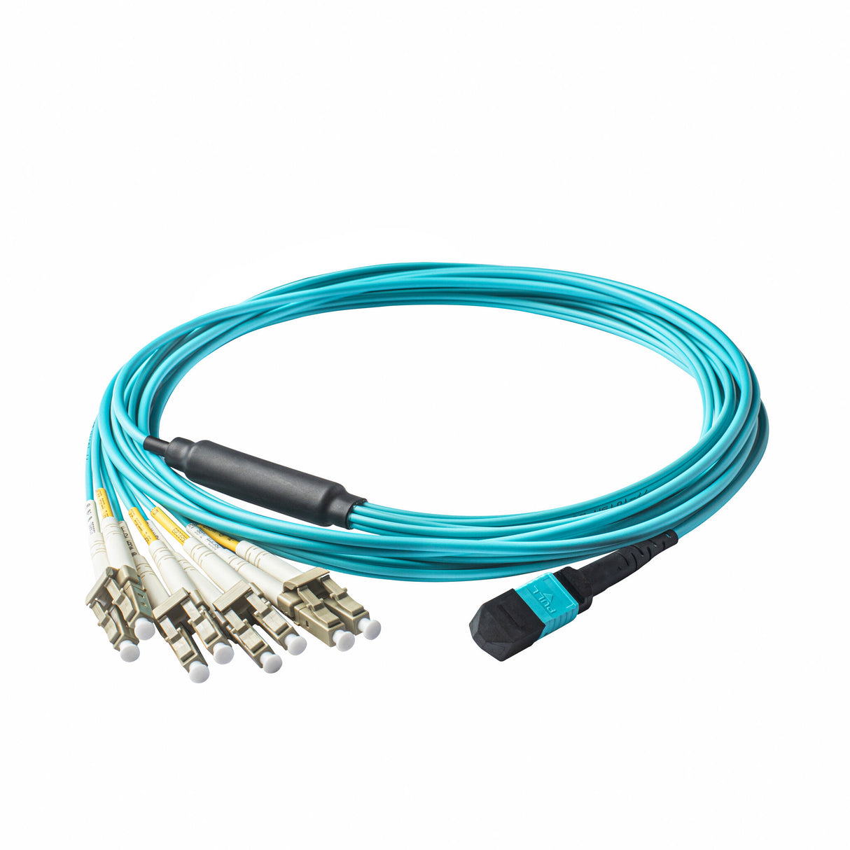 Elite Non-Pinned MPO to 8xLC Breakout Cable with Corning ClearCurve® OM3 Multimode Fiber, featuring an Aqua MPO Connector, Aqua Jacket, and Beige LC Connectors, optimized for high-speed 40G/100G data center applications.