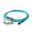 Elite Non-Pinned MPO to 8xLC Breakout Cable with Corning ClearCurve® OM4 Multimode Fiber, featuring an Aqua MPO Connector, Aqua Jacket, and Beige LC Connectors, optimized for high-speed 40G/100G data center applications.