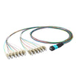 Elite Non-Pinned MPO to 24xLC Breakout Cable with Corning ClearCurve® OM3 Multimode Fiber, featuring an Aqua MPO Connector, 600μm 24-Colored Hytrel® Fiber Tube, and Beige LC Connectors, optimized for high-speed 40G/100G data center applications.