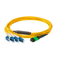 Elite Non-Pinned MPO to 8xLC Breakout Cable with Corning® SMF-28® Ultra Fiber, optimized for high-density data centers, featuring a Green MPO Connector and Yellow Jacket for 40GBASE-PLR4 & 100GBASE-PSM4 applications.