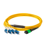 Elite Non-Pinned MPO to 8xLC Breakout Cable with Corning® SMF-28® Ultra Fiber, optimized for high-density data centers, featuring a Green MPO Connector and Yellow Jacket for 40GBASE-PLR4 & 100GBASE-PSM4 applications.