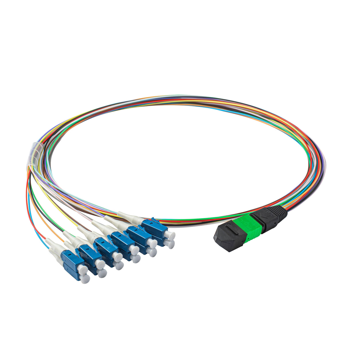 Elite Non-Pinned MPO to 12xLC Breakout Cable with Corning® SMF-28® Ultra Fiber, optimized for high-density data centers, featuring a Green MPO Connector and 900μm 12-Colored Hytrel® Fiber Tube for 40GBASE-PLR4 & 100GBASE-PSM4 applications.