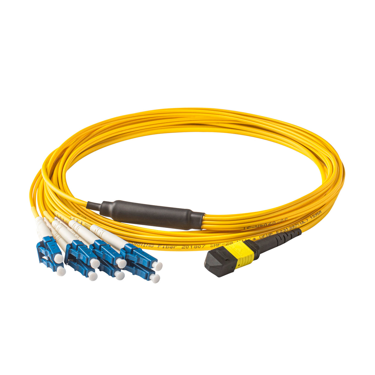 Elite Non-Pinned MPO to 8xLC Breakout Cable with Corning® SMF-28® Ultra Fiber, optimized for high-density data centers, featuring a Lemon Yellow MPO Connector and Yellow Jacket for 40GBASE-PLR4 & 100GBASE-PSM4 applications.