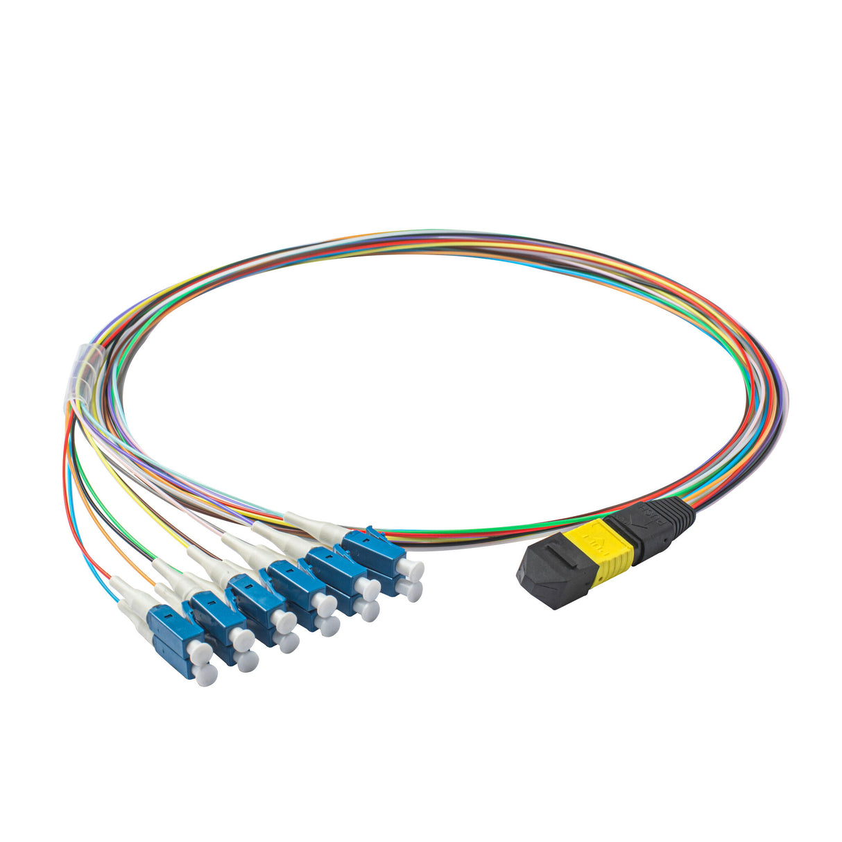 Elite Non-Pinned MPO to 12xLC Breakout Cable with Corning® SMF-28® Ultra Fiber, optimized for high-density data centers, featuring a Lemon Yellow MPO Connector and 900μm 12-Colored Hytrel® Fiber Tube for 40GBASE-PLR4 & 100GBASE-PSM4 applications.