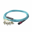 Elite Non-Pinned MPO to 8xLC Breakout Cable with Corning ClearCurve® OM4 Multimode Fiber, featuring a Magenta MPO Connector, Aqua Jacket, and Beige LC Connectors, optimized for high-speed 40G/100G data center applications.