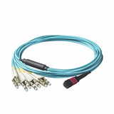 Elite Non-Pinned MPO to 8xLC Breakout Cable with Corning ClearCurve® OM4 Multimode Fiber, featuring a Magenta MPO Connector, Aqua Jacket, and Beige LC Connectors, optimized for high-speed 40G/100G data center applications.