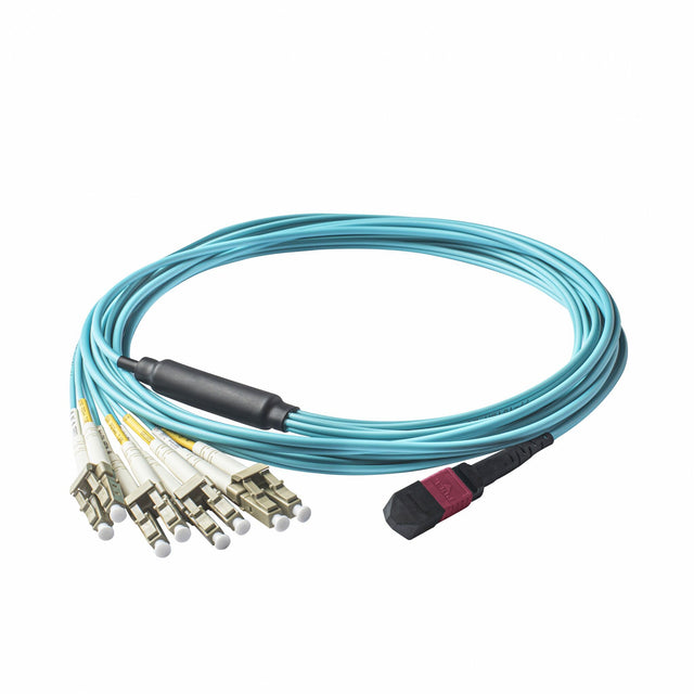 Elite Non-Pinned MPO to 8xLC Breakout Cable with Corning ClearCurve® OM4 Multimode Fiber, featuring a Magenta MPO Connector, Aqua Jacket, and Beige LC Connectors, optimized for high-speed 40G/100G data center applications.