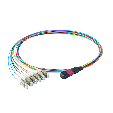 Elite Non-Pinned MPO to 12xLC Breakout Cable with Corning ClearCurve® OM4 Multimode Fiber, featuring a Magenta MPO Connector, 900μm 12-Colored Hytrel® Fiber Tube, and Beige LC Connectors, optimized for high-speed 40G/100G data center applications.