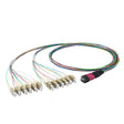Elite Non-Pinned MPO to 24xLC Breakout Cable with Corning ClearCurve® OM4 Multimode Fiber, featuring a Magenta MPO Connector, 600μm 24-Colored Hytrel® Fiber Tube, and Beige LC Connectors, optimized for high-speed 40G/100G data center applications.