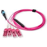 8-Fiber Low Loss Non-Pinned MPO/UPC to 4 x LC Uniboot/UPC Duplex QSFP Type Breakout Cable | Corning ClearCurve OM4 Multimode Optical Fiber | Type B, Aqua MPO Connector, Magenta LC Uniboot Connector, Magenta OFNP Cable Jacket