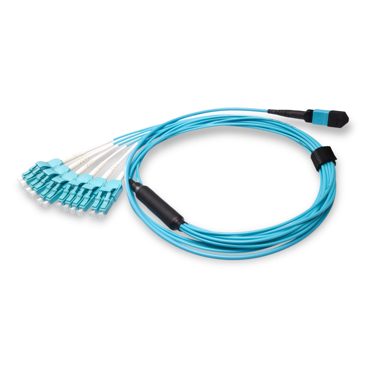12-Fiber Low Loss Non-Pinned MPO/UPC to 6 x LC Uniboot/UPC Duplex QSFP Type Breakout Cable | Corning ClearCurve OM4 Multimode Optical Fiber | Type B, Aqua MPO Connector, Aqua LC Uniboot Connector, Aqua OFNP Cable Jacket
