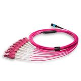 16-Fiber Low Loss Non-Pinned MPO/UPC to 8 x LC Uniboot/UPC Duplex QSFP Type Breakout Cable | Corning ClearCurve OM4 Multimode Optical Fiber | Crossover, Aqua MPO Connector, Magenta LC Uniboot Connector, Magenta OFNP Cable Jacket