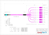 16-Fiber Low Loss Non-Pinned MPO/UPC to 8 x LC Uniboot/UPC Duplex QSFP Type Breakout Cable | Corning ClearCurve OM4 Multimode Optical Fiber | Crossover, Aqua MPO Connector, Magenta LC Uniboot Connector, Magenta OFNP Cable Jacket