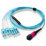 8-Fiber Low Loss Non-Pinned MPO/UPC to 4 x LC Uniboot/UPC Duplex QSFP Type Breakout Cable | Corning ClearCurve OM4 Multimode Optical Fiber | Type B, Magenta MPO Connector, Aqua LC Uniboot Connector, Aqua OFNP Cable Jacket