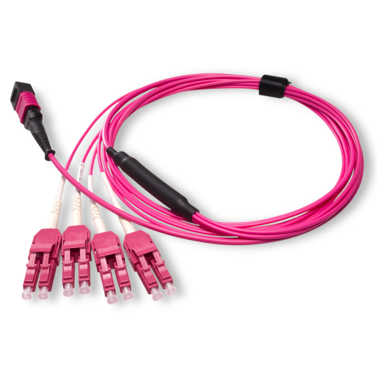 8-Fiber Low Loss Non-Pinned MPO/UPC to 4 x LC Uniboot/UPC Duplex QSFP Type Breakout Cable | Corning ClearCurve OM4 Multimode Optical Fiber | Type B, Magenta MPO Connector, Magenta LC Uniboot Connector, Magenta OFNP Cable Jacket