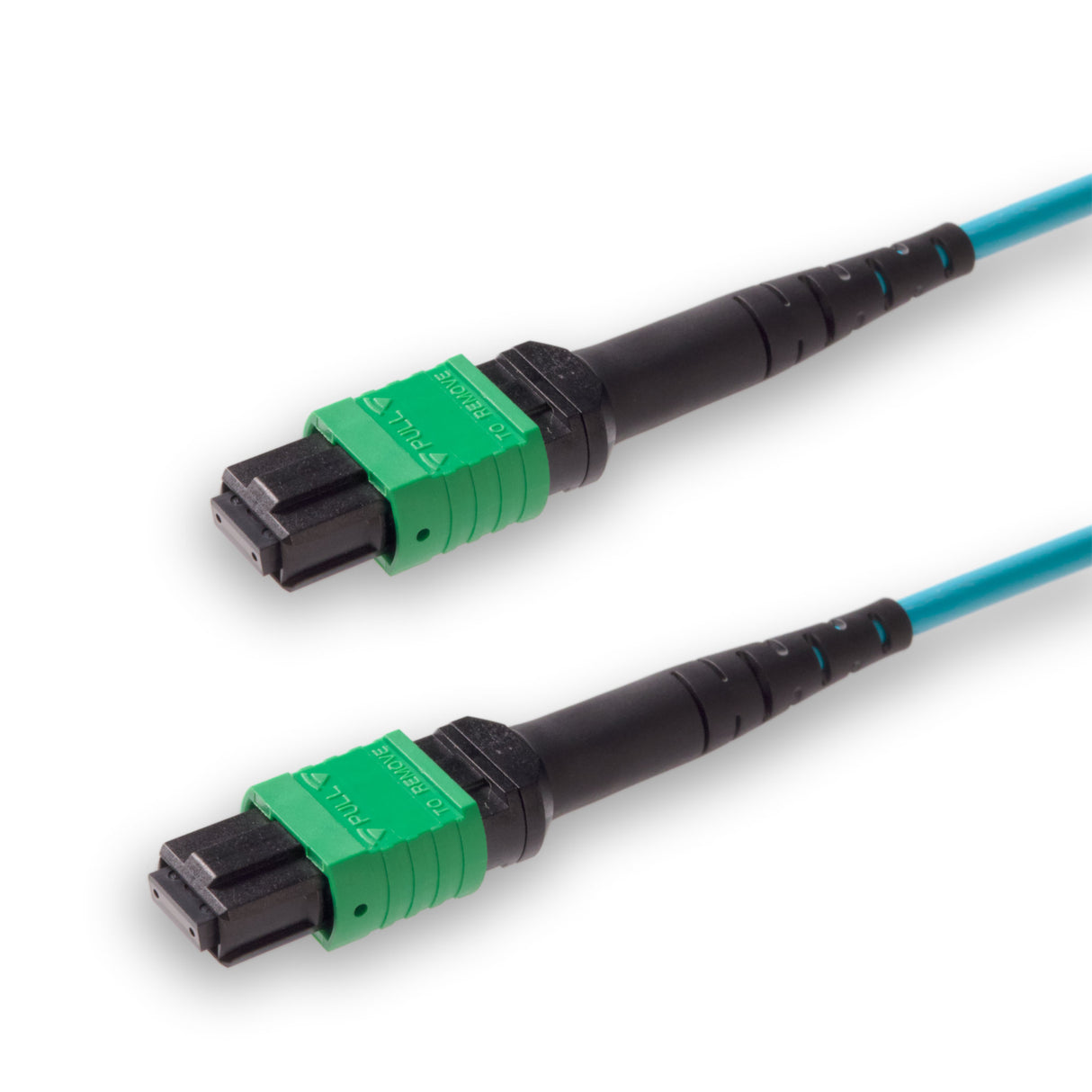 8-Fiber Low Loss Non-Pinned MPO/APC to Non-Pinned MPO/APC Jumper | Corning® ClearCurve® OM4 Multimode Optical Fiber | Type B, Green MPO-12 Connectors, Aqua Cable Jacket | LSZH Jacket