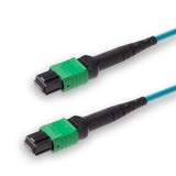 8-Fiber Low Loss Non-Pinned MPO/APC to Non-Pinned MPO/APC Jumper | Corning® ClearCurve® OM4 Multimode Optical Fiber | Type B, Green MPO-12 Connectors, Aqua Cable Jacket | LSZH Jacket