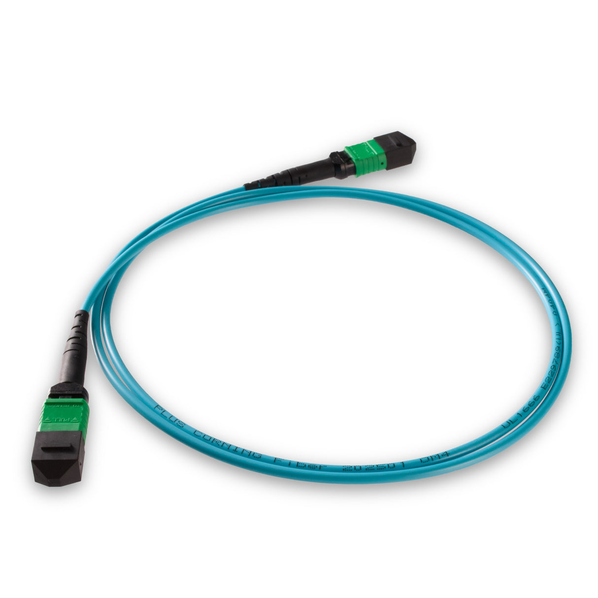 TAA Compliant | 8-Fiber Low Loss Non-Pinned MPO/APC to Non-Pinned MPO/APC Jumper | Corning® ClearCurve® OM4 Multimode Optical Fiber | Type B, Green MPO-12 Connectors, Aqua Cable Jacket | OFNR Jacket