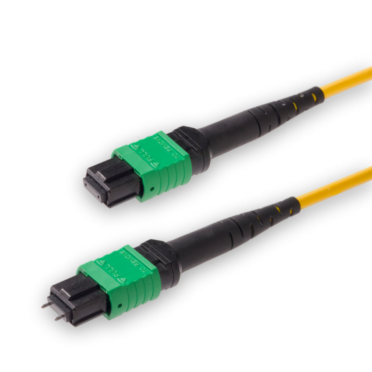 12-Fiber Low Loss Pinned MPO/APC to Non-Pinned MPO/APC Jumper | Corning® SMF-28® Ultra Single-mode Optical Fiber | OS1/OS2 Compatible | Type B, Green MPO Connectors, Yellow Cable Jacket | OFNP Jacket