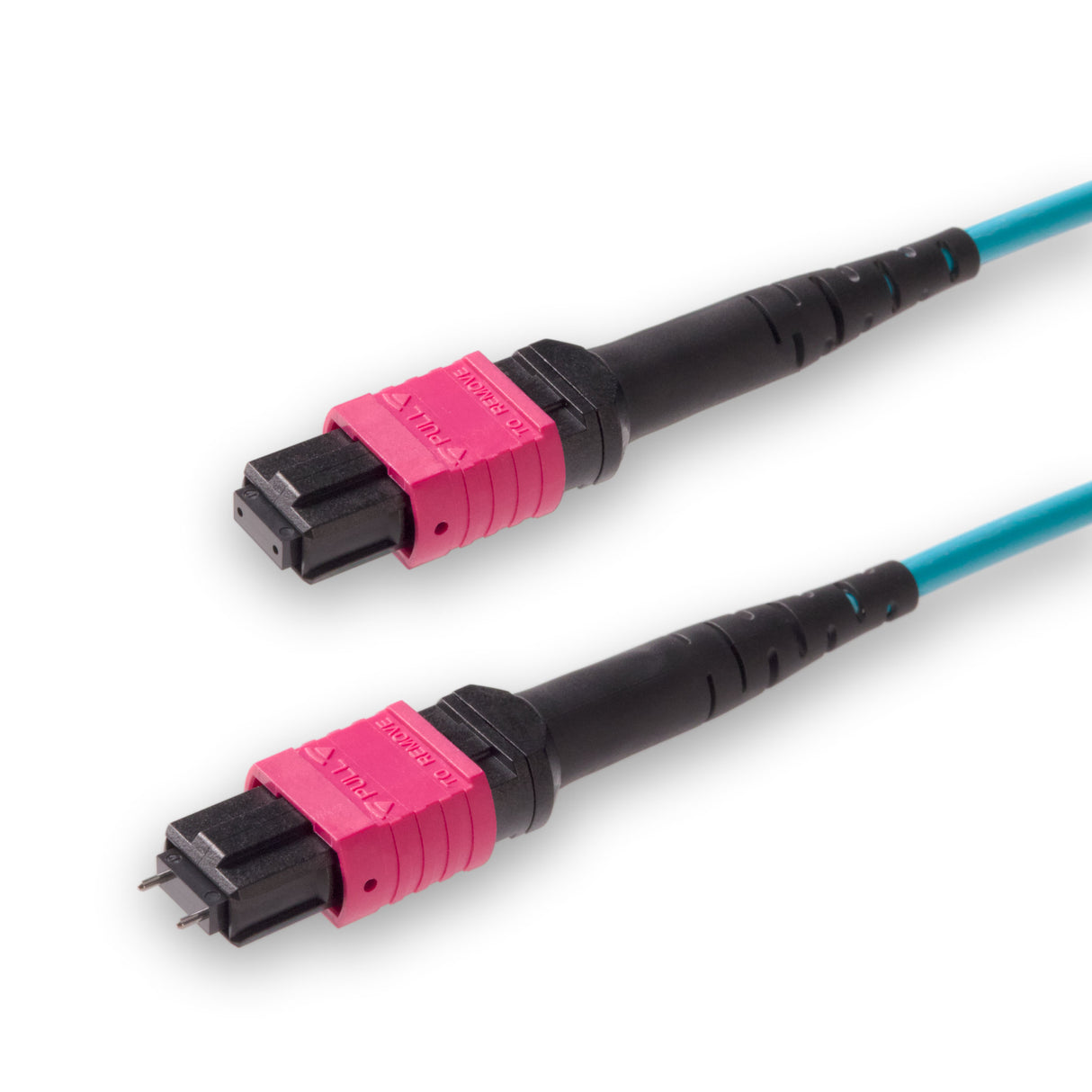 12-Fiber Low Loss Pinned MPO/UPC to Non-Pinned MPO/UPC Jumper | Corning® ClearCurve® OM4 Multimode Optical Fiber | Type A, Magenta MPO Connectors, Aqua Cable Jacket | OFNP Jacket