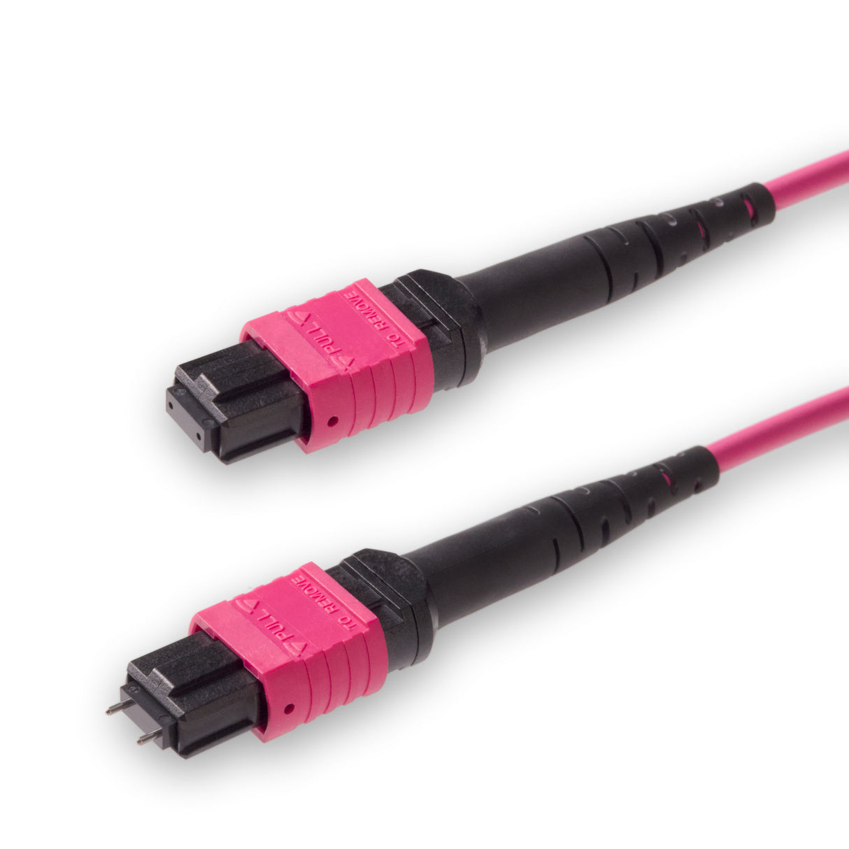 12-Fiber Low Loss Pinned MPO/UPC to Non-Pinned MPO/UPC Jumper | Corning® ClearCurve® OM4 Multimode Optical Fiber | Type A, Magenta MPO Connectors, Magenta Cable Jacket | LSZH Jacket