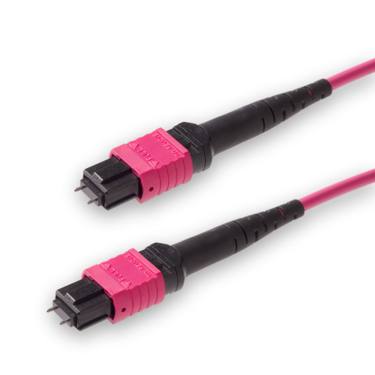 12-Fiber Low Loss Pinned MPO/UPC to Pinned MPO/UPC Jumper | Corning® ClearCurve® OM4 Multimode Optical Fiber | Type A, Magenta MPO Connectors, Magenta Cable Jacket | OFNP Jacket