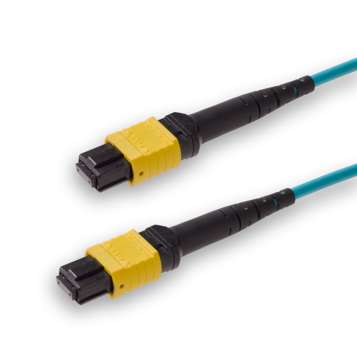 8-Fiber Low Loss Non-Pinned MPO/APC to Non-Pinned MPO/APC Jumper | Corning® ClearCurve® OM4 Multimode Optical Fiber | Type B, Yellow MPO-12 Connectors, Aqua Cable Jacket | LSZH Jacket