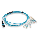 12-Fiber Non-Pinned MPO-12/UPC to  6 x CS/UPC Breakout Cable | Corning® ClearCurve® OM4 Multimode Optical Fiber | Type B, Aqua MPO Connector, Aqua CS Connector, Aqua Cable Jacket | LSZH Jacket