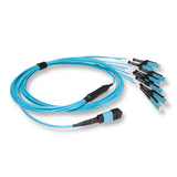 16-Fiber Non-Pinned MPO/UPC to  8 x MDC/UPC Fanout Cable | Corning® ClearCurve® OM3 Multimode Optical Fiber | Crossover, Aqua MPO Connector, Aqua MDC Connector, Aqua Cable Jacket | OFNP Jacket