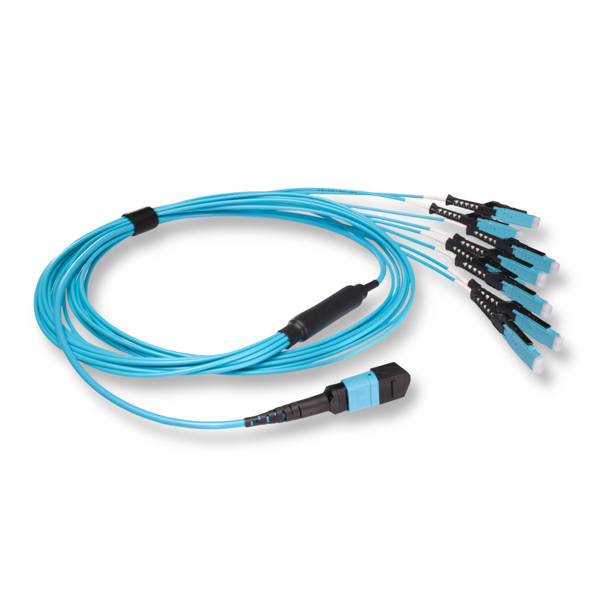 16-Fiber Non-Pinned MPO/UPC to  8 x MDC/UPC Fanout Cable | Corning® ClearCurve® OM4 Multimode Optical Fiber | Crossover, Aqua MPO Connector, Aqua MDC Connector, Aqua Cable Jacket | OFNR Jacket