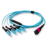 8-Fiber Non-Pinned MPO/UPC to  4 x MDC/UPC Fanout Cable | Corning® ClearCurve® OM4 Multimode Optical Fiber | Type B, Magenta MPO Connector, Aqua MDC Connector, Aqua Cable Jacket | OFNR Jacket