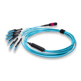 12-Fiber Non-Pinned MPO/UPC to  6 x MDC/UPC Fanout Cable | Corning® ClearCurve® OM4 Multimode Optical Fiber | Type B, Magenta MPO Connector, Aqua MDC Connector, Aqua Cable Jacket | OFNR Jacket