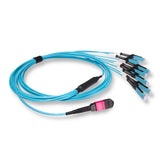 16-Fiber Non-Pinned MPO/UPC to  8 x MDC/UPC Fanout Cable | Corning® ClearCurve® OM4 Multimode Optical Fiber | Crossover, Magenta MPO Connector, Aqua MDC Connector, Aqua Cable Jacket | OFNR Jacket