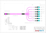 16-Fiber Non-Pinned MPO/UPC to  8 x MDC/UPC Fanout Cable | Corning® ClearCurve® OM4 Multimode Optical Fiber | Crossover, Magenta MPO Connector, Aqua MDC Connector, Magenta Cable Jacket | OFNR Jacket