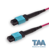 TAA Compliant | 12-Fiber Low Loss Non-Pinned MPO/UPC to Non-Pinned MPO/UPC Jumper | Corning® ClearCurve® OM4 Multimode Optical Fiber | Type B, Aqua MPO Connectors, Magenta Cable Jacket | OFNR Jacket