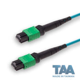 TAA Compliant | 8-Fiber Low Loss Non-Pinned MPO/APC to Non-Pinned MPO/APC Jumper | Corning® ClearCurve® OM4 Multimode Optical Fiber | Type B, Green MPO-12 Connectors, Aqua Cable Jacket | OFNR Jacket